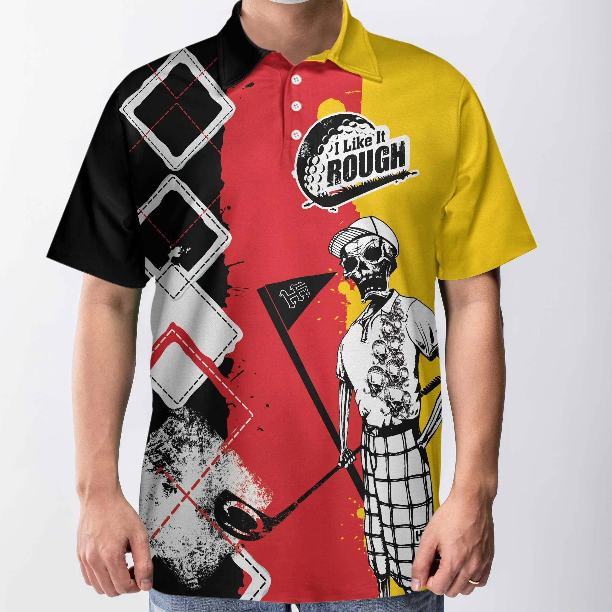 Golf I Like It Rough German Flag Polo Shirt, White Argyle Pattern Skeleton Golfing Polo Shirt, Funny Golf Shirt For Men Coolspod