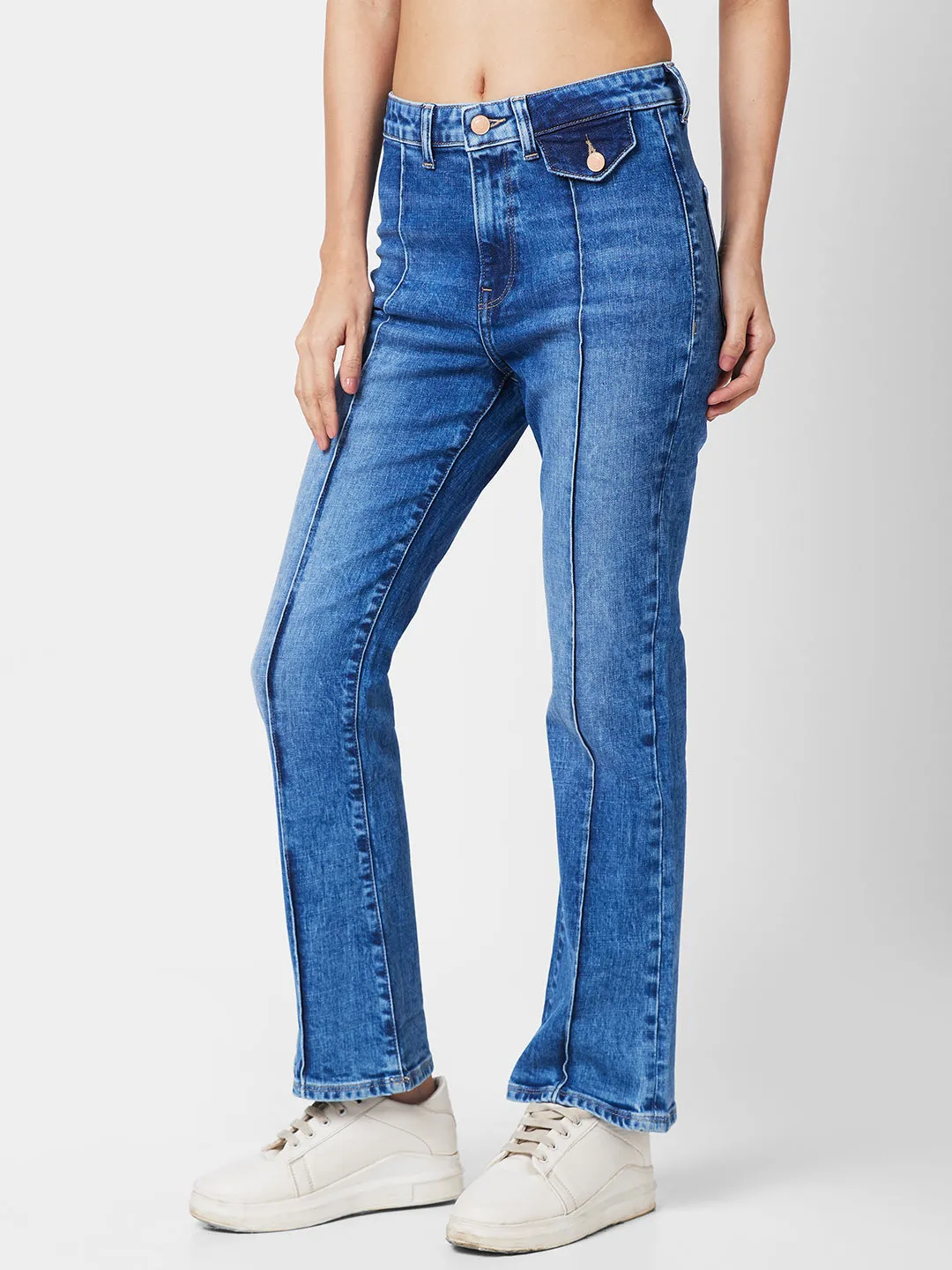 Spykar Women Bootcut Low Distress Heavy Fade Stretchable Jeans